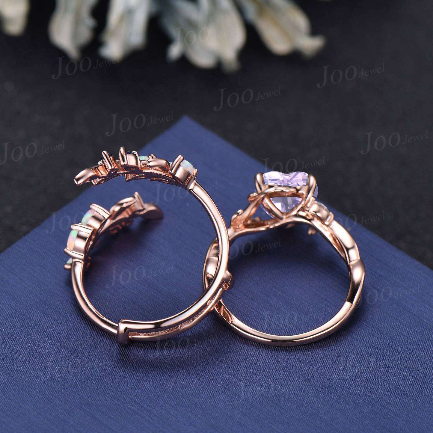 Vintage Heart Cut Natural Lavender Amethyst Bridal Ring Sterling Silver Art Deco Nature Inspired Emerald Moss Agate Wedding Rings Set Women (Copy)