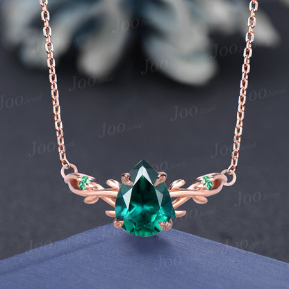 Pear Shaped Green Emerald Necklace Solid 14K/18K Rose Gold Three Stone Leaf Vine Nature Inspired Pendant Birthday Anniversary Gift For Women