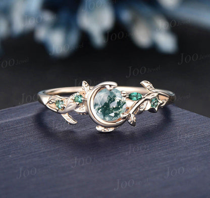 Moon Star Design Natural Green Agate Emerald Ring Vintage 5mm Round Moss Agate Engagement Ring Leaf Wedding Ring Nature Inspired Gifts Women