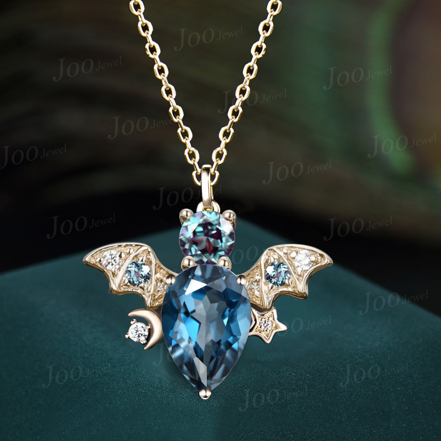 Pear London Blue Topaz Bat Necklace Sterling Silver Moon Star Gothic Animal Alexandrite Pendant Necklace Unique Halloween Jewelry Gifts Girl