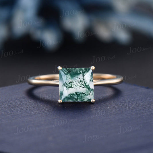 Princess Cut Natural Moss Agate Engagement Ring Simple Solitaire Square Wedding Ring Green Gemstone Jewelry Vintage Anniversary/Promise Gift