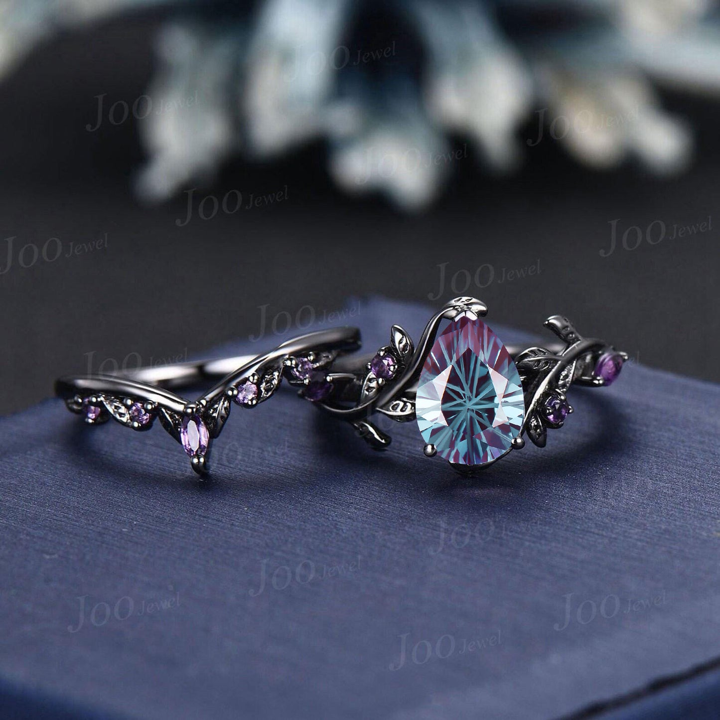 1.25ct Pear Cut Starbrite Alexandrite Black Gold Bridal Rings Anniversary Gift Purple Amethyst Wedding Ring Fireworks Cut Alexandrite Rings