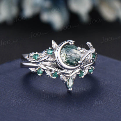 Nature Inspired Natural Green Moss Agate Emerald Ring Set Vintage 5mm Round Moss Agate Moon Engagement Ring Leaf Branch Bypass Wedding Ring