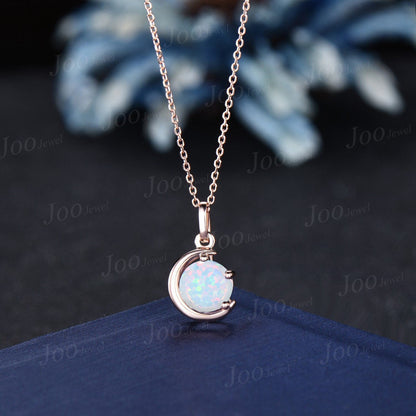 1ct Round White Fire Opal Pendant Necklace Sterling Silver/14K Yellow Gold October Birthstone Wedding Necklace Half Moon Opal Chain Necklace