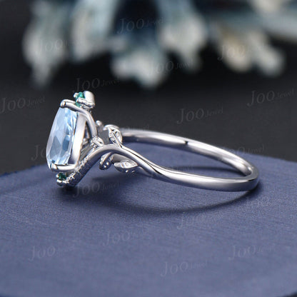 Unique Snake Engagement Ring Vintage 14K White Gold Nature Inspired Natural Pear Aquamarine Promise Ring Green Emerald Wedding Ring for Her