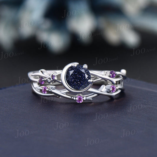 5mm Round Cut Twig Vine Starry Sky Galaxy Blue Sandstone Ring Set Sterling Silver Moon Star Amethyst Ring Celestial Moon Blue Goldstone Ring