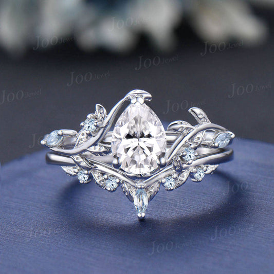 1.25ct Nature Inspired Pear Cut Moissanite Engagement Ring Set Leaf Branch Real Aquamarine Cluster Wedding Ring for Women Anniversary Gifts