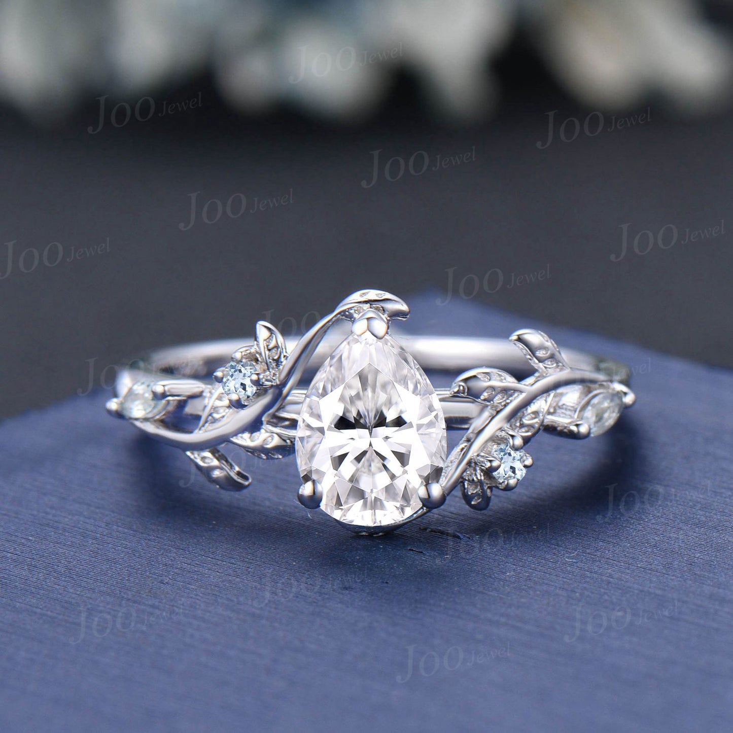 1.25ct Nature Inspired Pear Cut Moissanite Engagement Ring Set Leaf Branch Real Aquamarine Cluster Wedding Ring for Women Anniversary Gifts