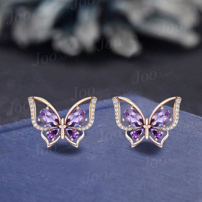 Teardrop Butterfly Stud Earrings 925 Sterling Silver Natural Amethyst Diamond Earrings Purple Gemstone Crystal Earrings Women Summer Jewelry