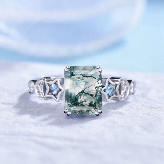 Unique Moon Star Wedding Ring 2ct Emerald Cut Natural Moss Agate Engagement Ring for Women 14k White Gold Alexandrite Diamond Promise Ring