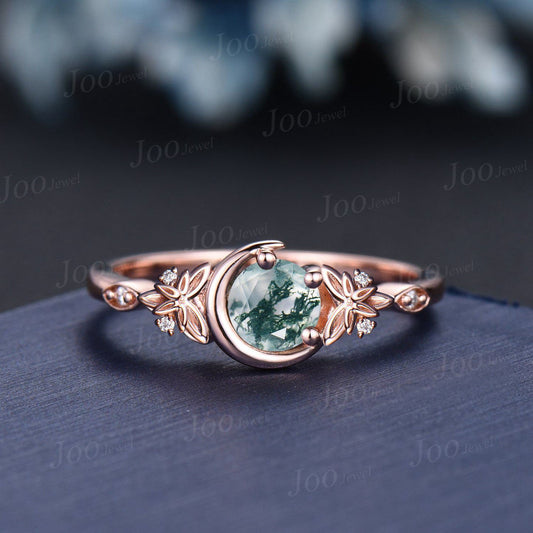 Round Cut Natural Moss Agate Diamond Crescent Moon Wedding Ring 14K Rose Gold Celtic Trinity Knot Irish Engagement Ring Unique Women Gifts