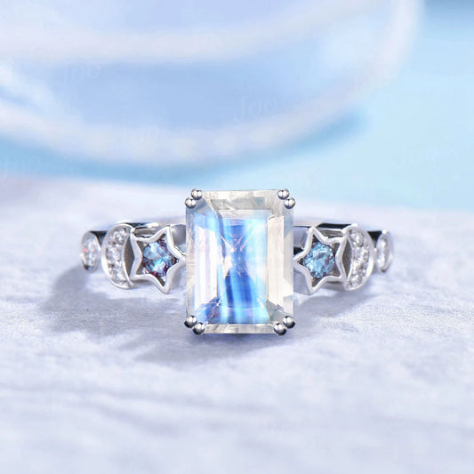 2ct Emerald Cut Natural Rainbow Moonstone Engagement Ring Unique Moon Star Band White Gold Alexandrite Diamond Celestial Wedding Ring Women