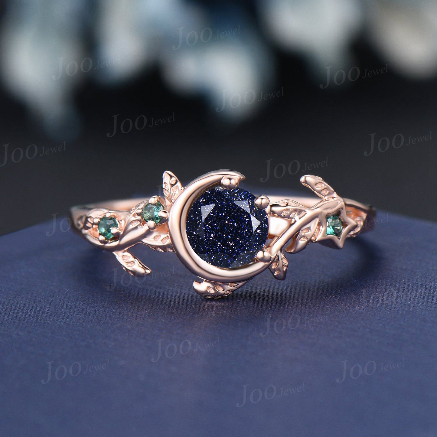 5mm Round Cut Galaxy Blue Sandstone Moon Engagement Ring Set Vintage Emerald Moss Agate Nature Bridal Ring Leaf Branch Bypass Wedding Ring