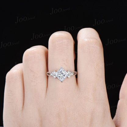 7mm Princess Cut Moissanite Diamond Engagement Ring 14K White Gold Cluster Star Wedding Ring Split Shank Band Women Unique Anniversary Gift