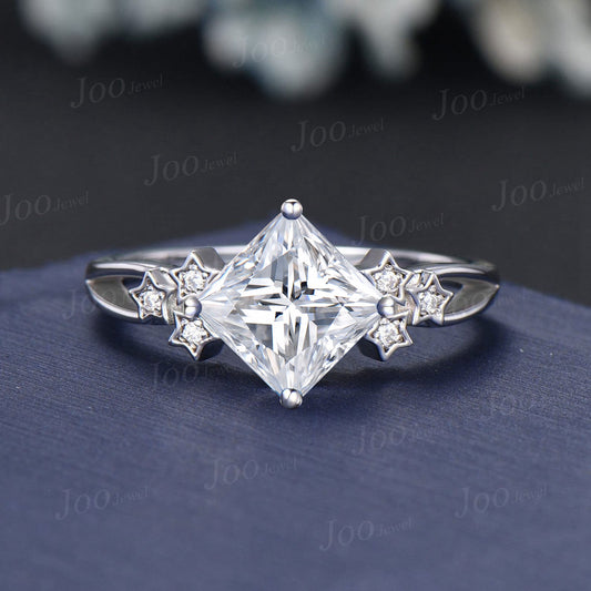 7mm Princess Cut Moissanite Diamond Engagement Ring 14K White Gold Cluster Star Wedding Ring Split Shank Band Women Unique Anniversary Gift