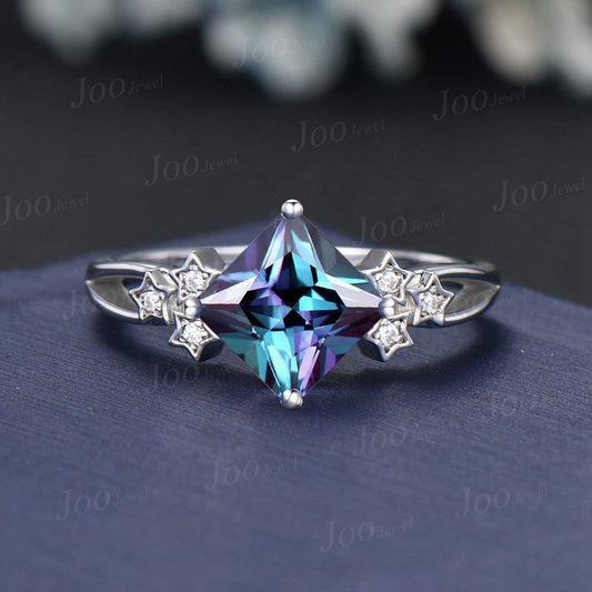 Princess Color-Change Alexandrite Bridal Ring Unique Star Wedding Ring June Birthstone Promise Ring Unique Anniversary Gifts Platinum Ring