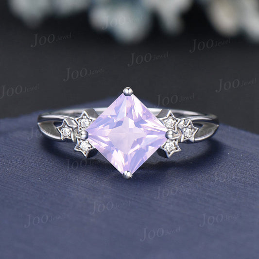7mm Princess Cut Natural Lavender Amethyst Diamond Engagement Ring 14K White Gold Cluster Amethyst Star Wedding Ring Split Shank Band Women