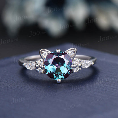 Cat Themed Engagement Ring Round Color-Change Alexandrite Opal Bridal Set Unique White Gold Kitten Ring Unique Gifts For Cat Lover/Daughter