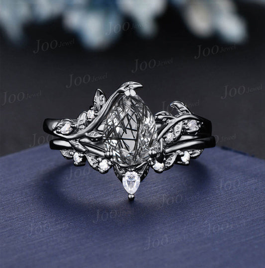 1.25ct Natural Black Rutilated Quartz Engagement Ring Set Black Gold Art Deco Pear Moissanite Bridal Ring Set For Women Black Crystal Ring