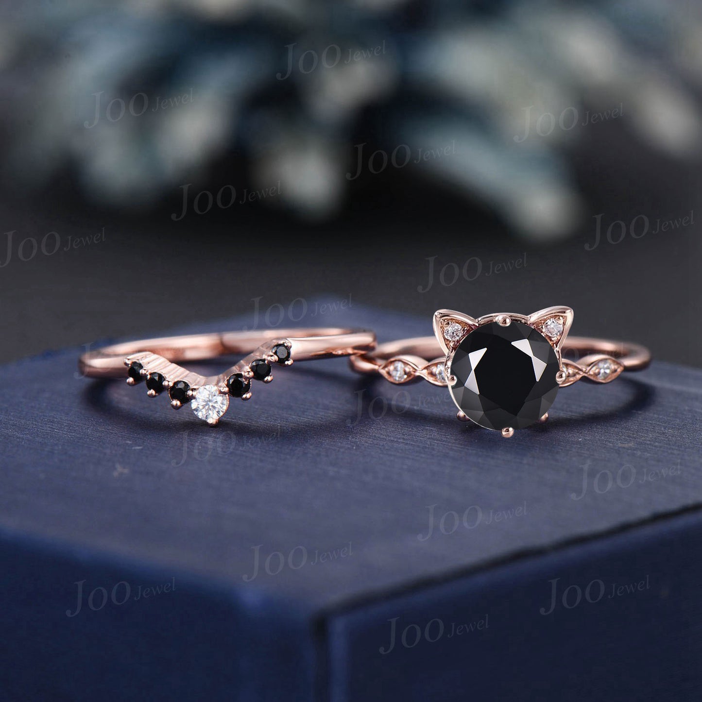 Cat Themed Engagement Ring Round Natural Black Onyx Wedding Ring Set Women Unique Rose Gold Kitten Ring Unique Gift For Cat Lover/Daughter