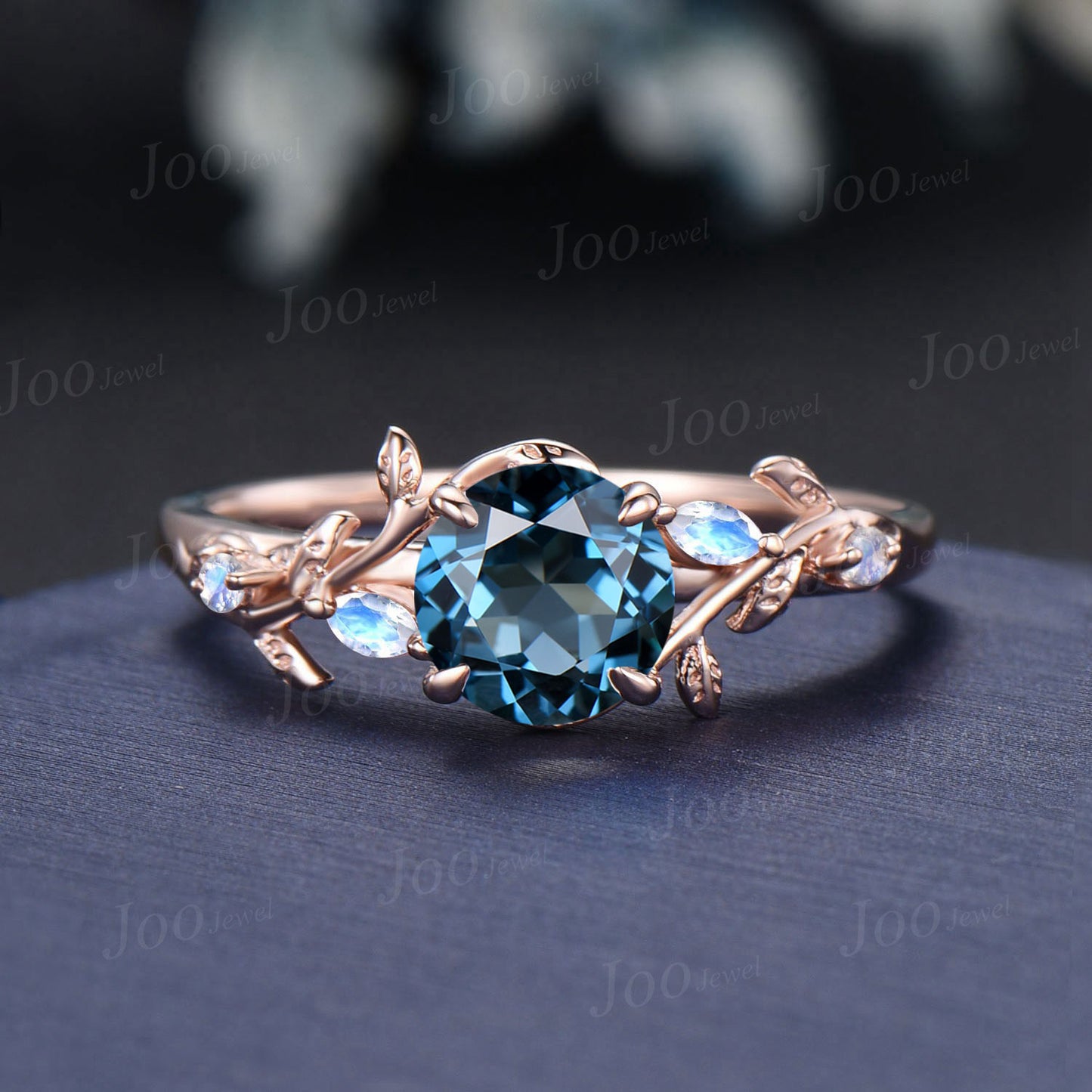 1ct Natural London Blue Topaz Moonstone Ring Vintage Rose Gold Round Nature Inspired Topaz Engagement Ring December Birthstone Gift Women