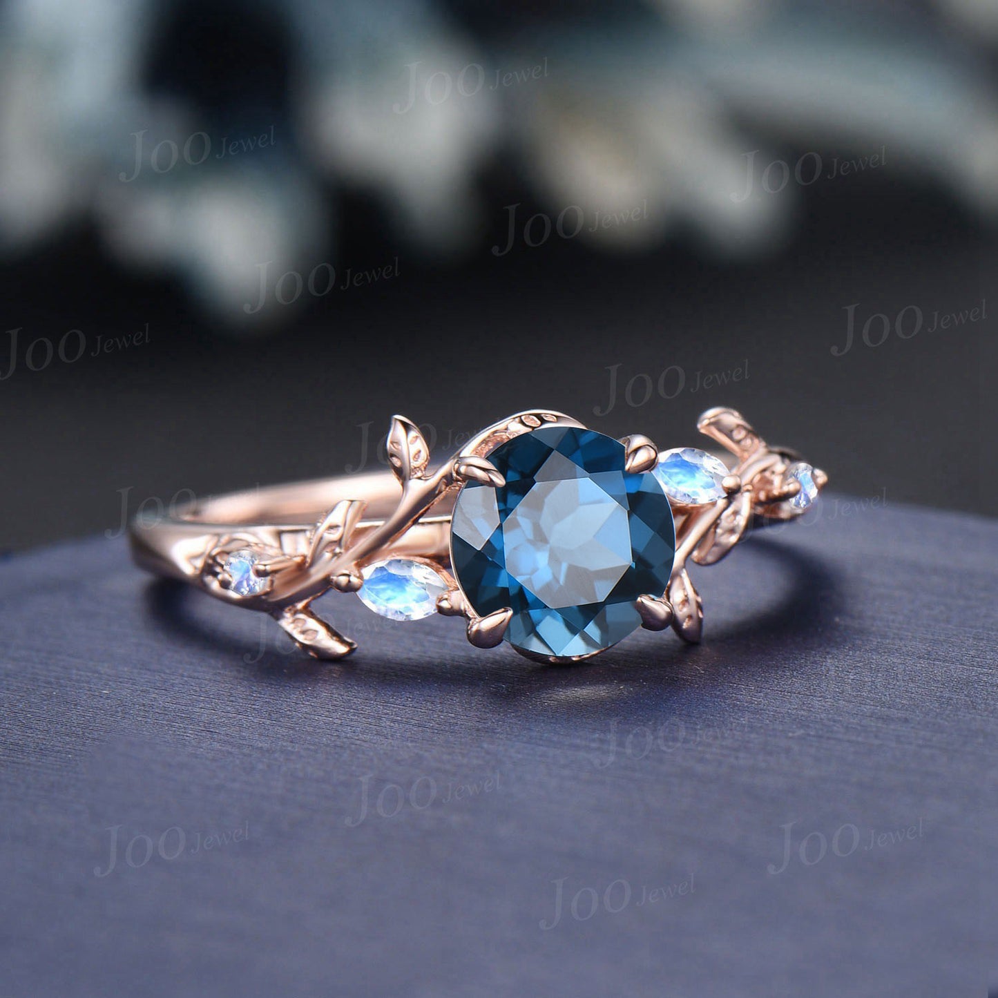 1ct Natural London Blue Topaz Moonstone Ring Vintage Rose Gold Round Nature Inspired Topaz Engagement Ring December Birthstone Gift Women