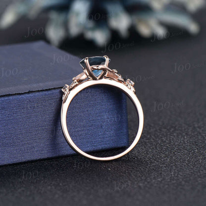 1ct Natural London Blue Topaz Moonstone Ring Vintage Rose Gold Round Nature Inspired Topaz Engagement Ring December Birthstone Gift Women