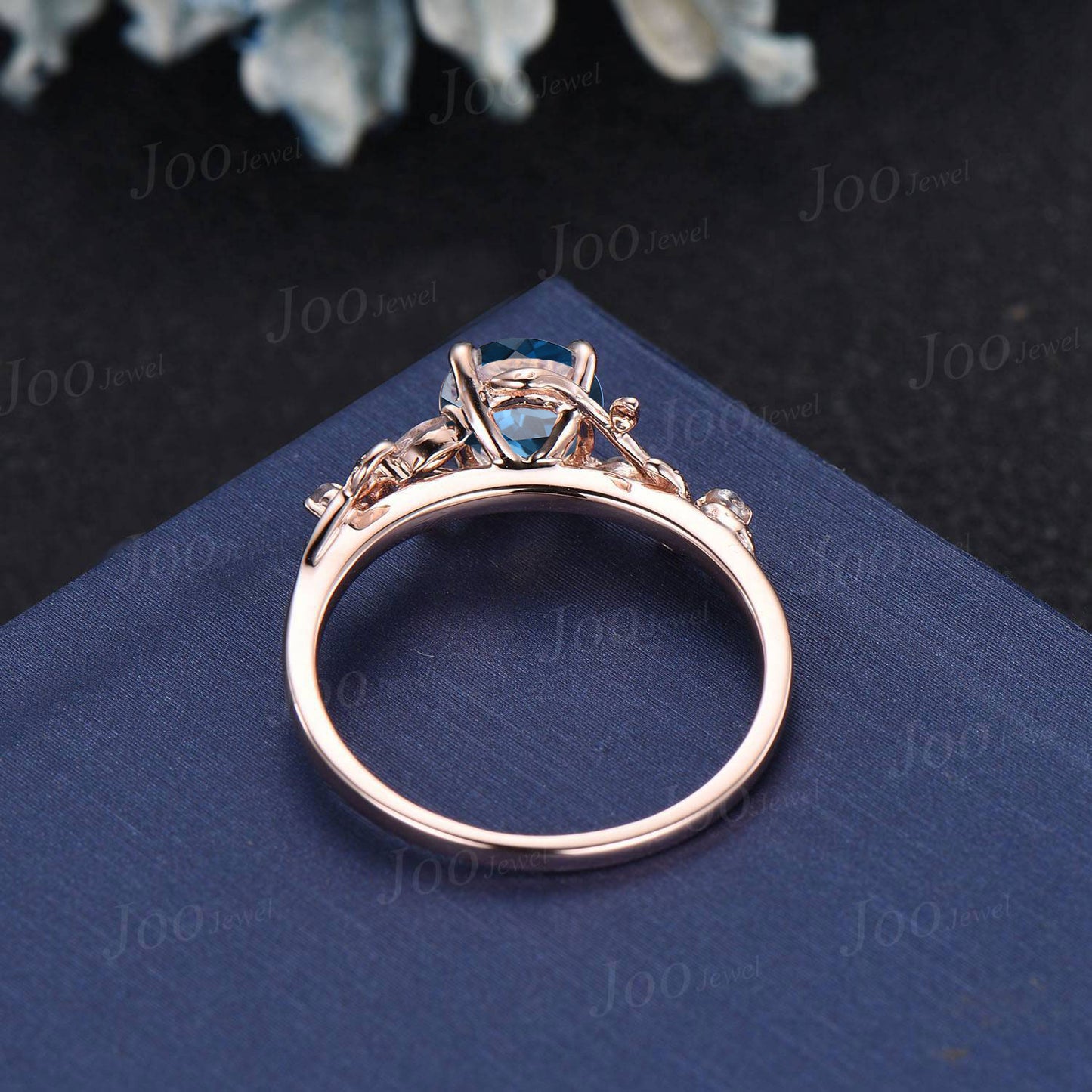 1ct Natural London Blue Topaz Moonstone Ring Vintage Rose Gold Round Nature Inspired Topaz Engagement Ring December Birthstone Gift Women