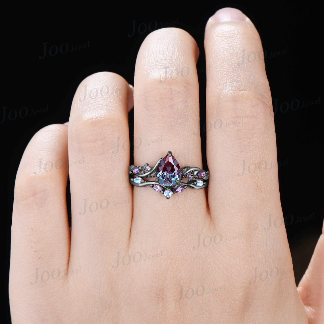 Black Ring Set Nature Inspired Color-Change Alexandrite Amethyst Bridal Set Twig Vine Pear Alexandrite Engagement Ring June Birthstone Gifts