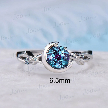 6.5mm/5mm Round Cut Nature Inspired Color-Change Alexandrite Ring Moon Star Design Cluster Alexandrite Twig Vine Blue Ring Celestial Promise Ring