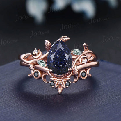 Galaxy Blue Goldstone Moss Moon Engagement Ring 14K Rose Gold Nature Inspired Celtic Black Spinel Ring For Women Blue Sandstone Bridal Ring