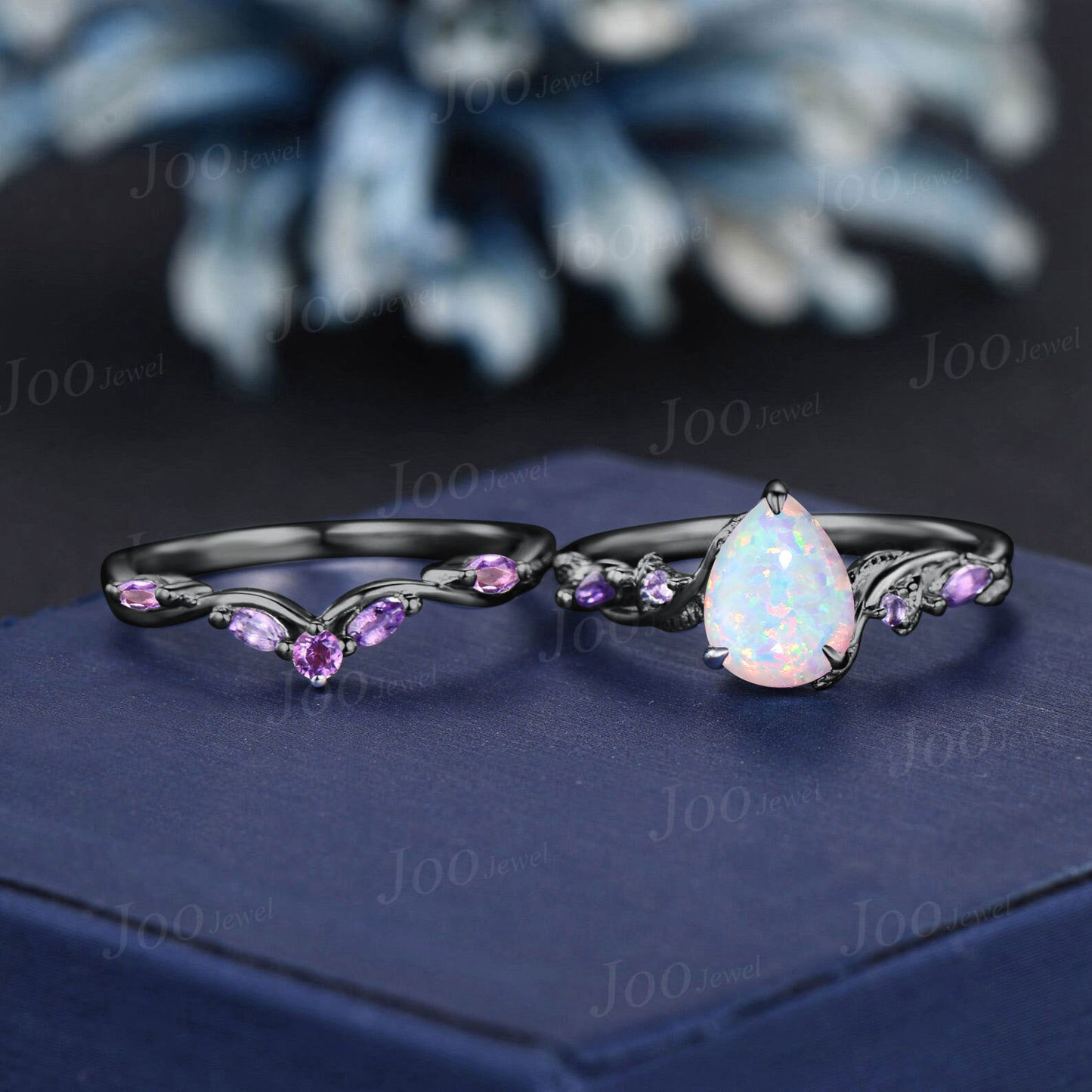 Nature Inspired Opal Engagement Ring Twisted Band 1.25ct Pear Cut Opal Amethyst Branch Vine Wedding Ring Set Black Gold Ring Set for Women
