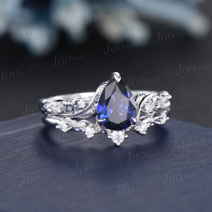 1.25ct Twig Vine Nature Inspired Blue Sapphire Engagement Ring 14K White Gold Pear Wedding Ring Leaf Bridal Set September Birthstone Gifts