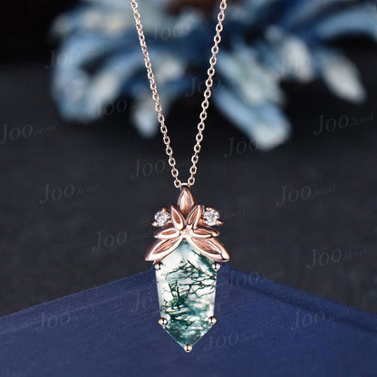 Shield Cut Moss Agate Diamond Necklace Healing Energy Crystal Gemstone Pendant 14K Rose Gold Unique Celtic Leaf Bridal Necklace for Women
