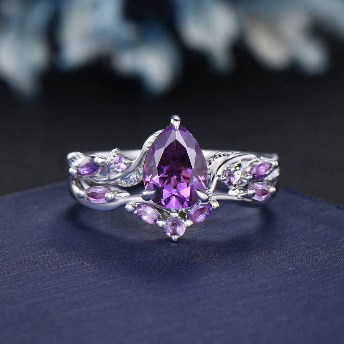 Nature Inspired Natural Amethyst Engagement Ring Set 1.25ct Twist Twig Vine Pear Wedding Ring Unique Proposal Ring February Birthstone Gifts