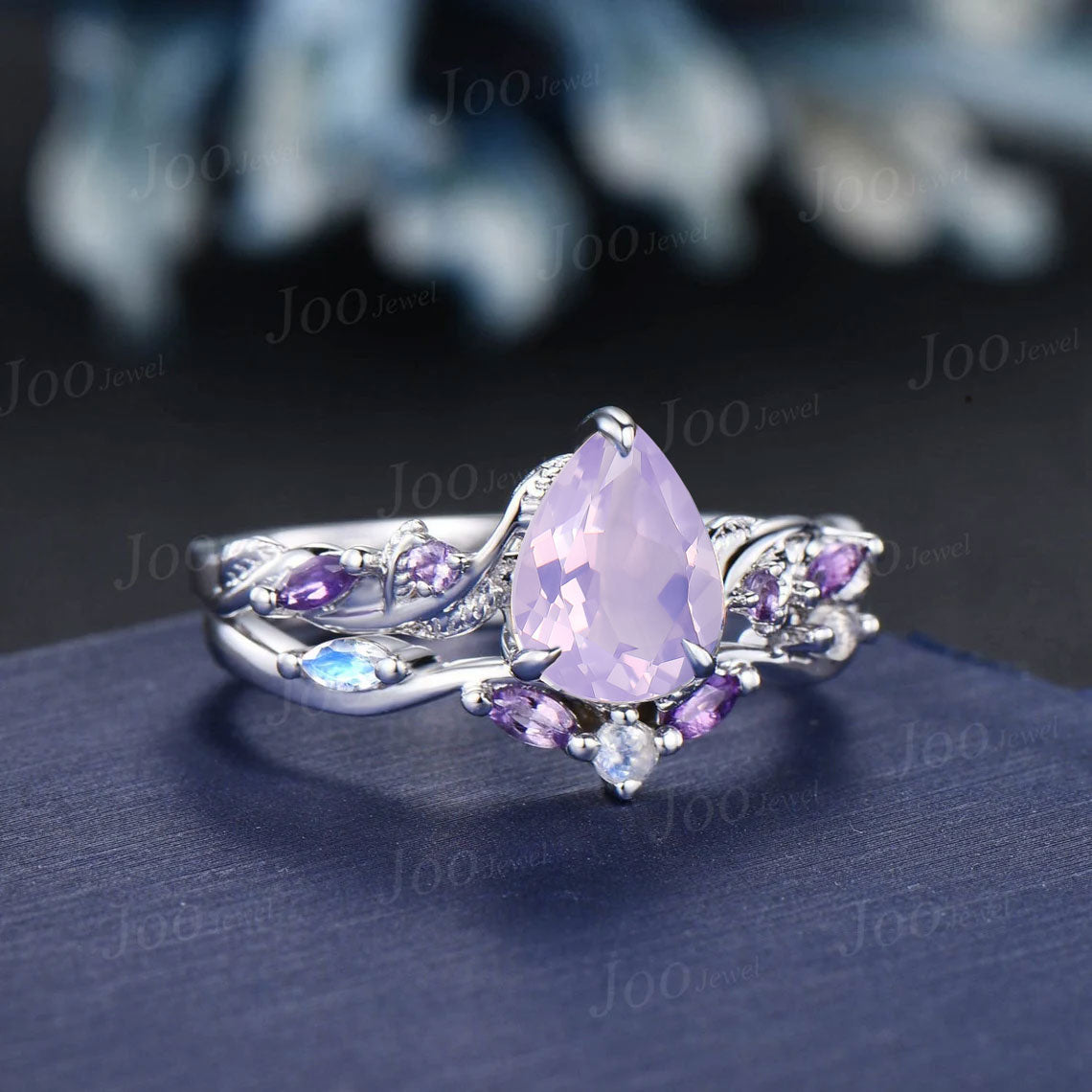 Nature Inspired Lavender Amethyst Moonstone Bridal Set Twig Vine Pear Engagement Ring February Birthstone Romantic Birthday/Wedding Gifts