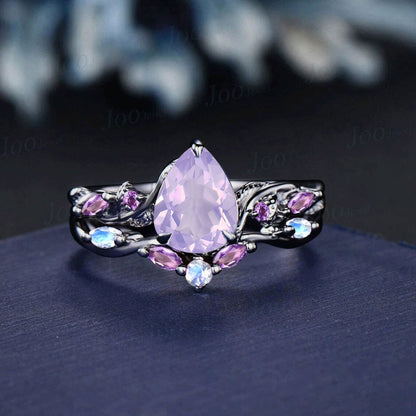 Nature Inspired Lavender Amethyst Moonstone Bridal Set Twig Vine Pear Engagement Ring February Birthstone Romantic Birthday/Wedding Gifts