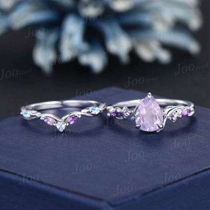 Nature Inspired Lavender Amethyst Moonstone Bridal Set Twig Vine Pear Engagement Ring February Birthstone Romantic Birthday/Wedding Gifts