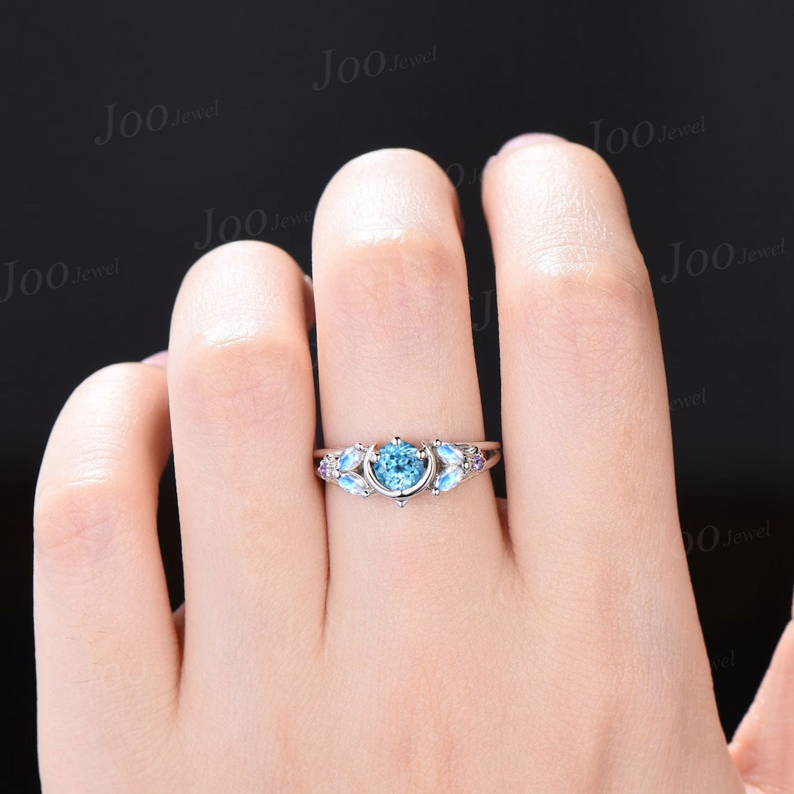 Moon Star Design Natural Round Swiss Blue Topaz Engagement Ring 14K White Gold Split Shank Band Moonstone Amethyst Celestial Wedding Rings