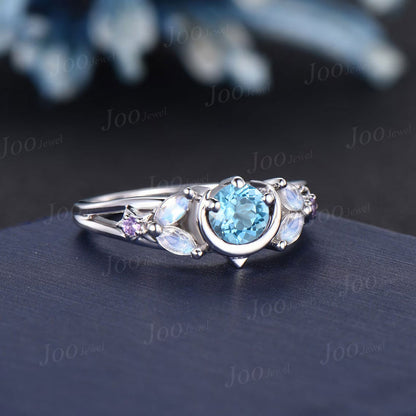 Moon Star Design Natural Round Swiss Blue Topaz Engagement Ring 14K White Gold Split Shank Band Moonstone Amethyst Celestial Wedding Rings