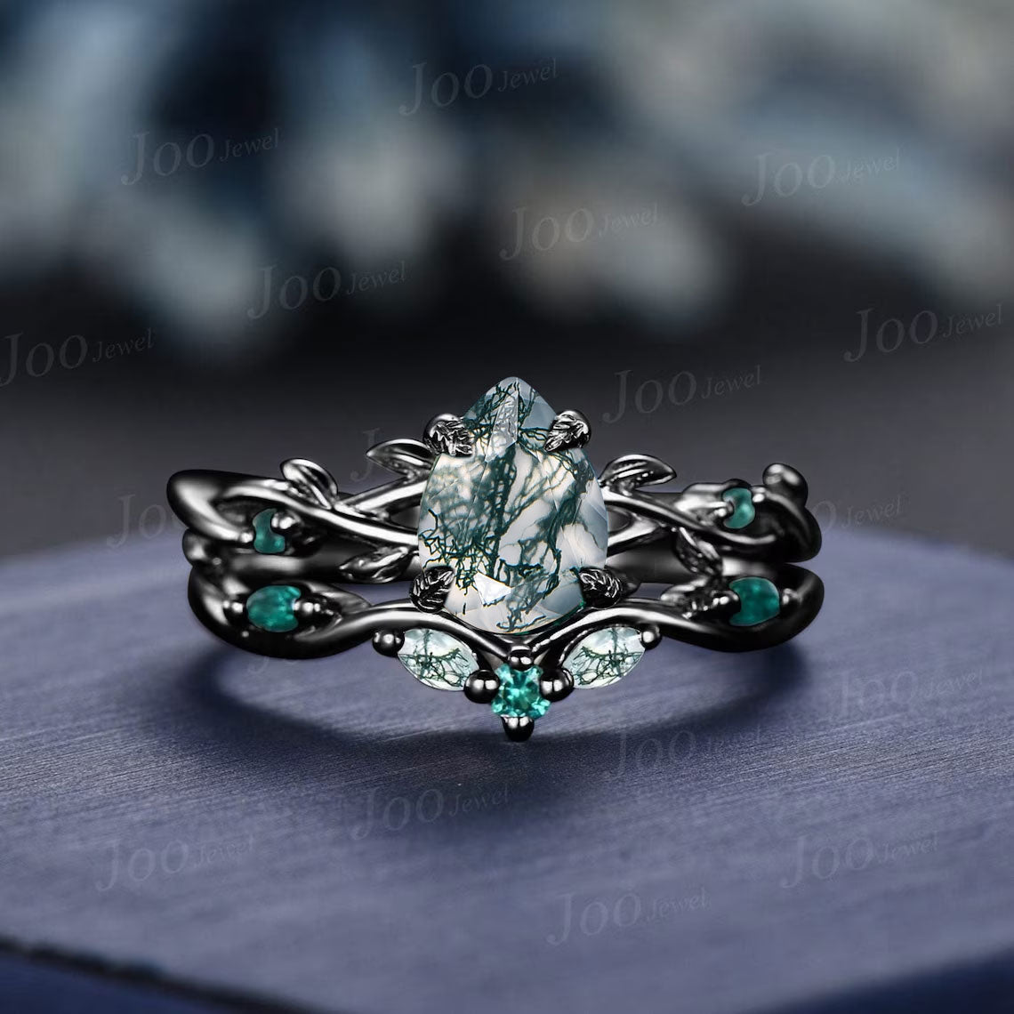 14K Black Gold Natural Green Moss Agate Emerald Engagement Ring Set 1.25ct Twig Vine Pear Moss Agate Wedding Ring Goth Black Promise Rings