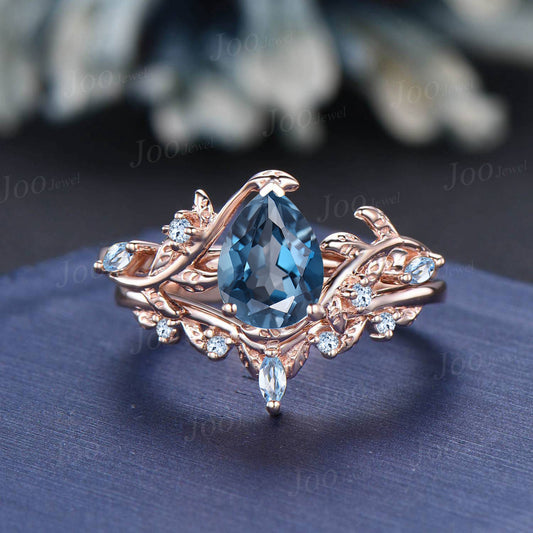 Leaf Branch Nature Inspired Pear Cut Natural London Blue Topaz Engagement Ring Set Aquamarine Wedding Ring Unique December Birthstone Gifts