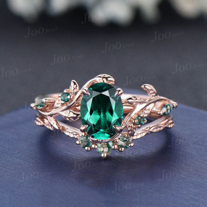 Twig Vine Green Emerald Ring Set Rose Gold 1.5ct Oval Emerald Moss Agate Wedding Ring Nature Inspired Branch Bridal Set May Birthstone Gifts