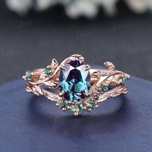 1.5ct Oval Alexandrite Moss Agate Bridal Ring Set Branch Leaf Vine Color-Change Alexandrite Engagement Ring Unique Wedding Anniversary Gifts