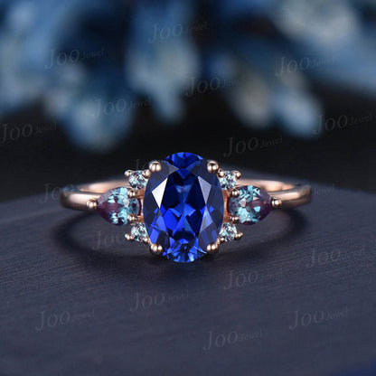 Rose Gold 1.5ct Oval Cut Blue Sapphire Engagement Ring Vintage Pear Color-Change Alexandrite Wedding Ring Gemstone Jewelry Gifts For Women