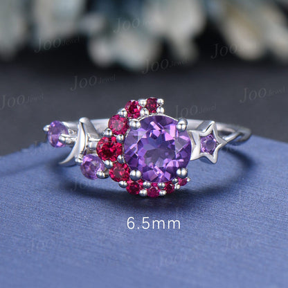 Round Ruby Amethyst Cluster Wedding Ring Moon Star Amethyst Promise Ring February Birthstone Jewelry Gifts Women Unique Asymmetrical Rings