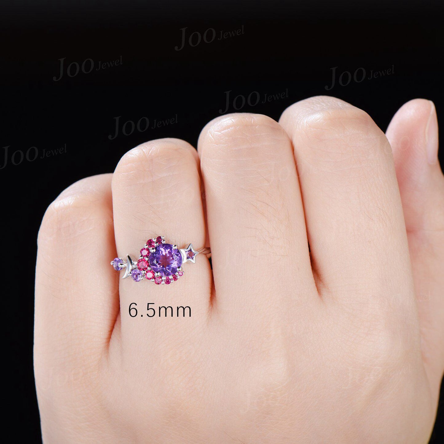 Round Ruby Amethyst Cluster Wedding Ring Moon Star Amethyst Promise Ring February Birthstone Jewelry Gifts Women Unique Asymmetrical Rings