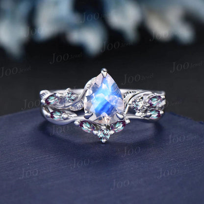 14K Black Gold Engagement Ring Set 1.25ct Pear Natural Moonstone Alexandrite Wedding Ring Nature Inspired Moonstone Jewelry Gifts for Women