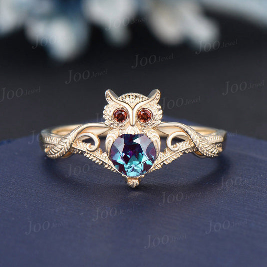 Unique Branch Twig Vine Owl Engagement Ring Round Color-Change Alexandrite Garnet Wedding Ring Nature Inspired Owl Alexandrite Jewelry Women