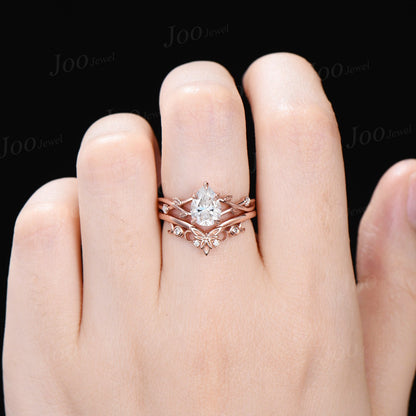 1.25ct Pear Moissanite Diamond Twig Vine Ring Set 14K Rose Gold Nature Inspired Moissanite Engagement Ring Unique Promise Anniversary Rings